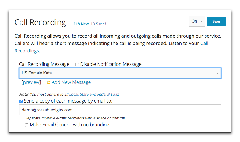 Tossable Digits Support: Call Recording Feature