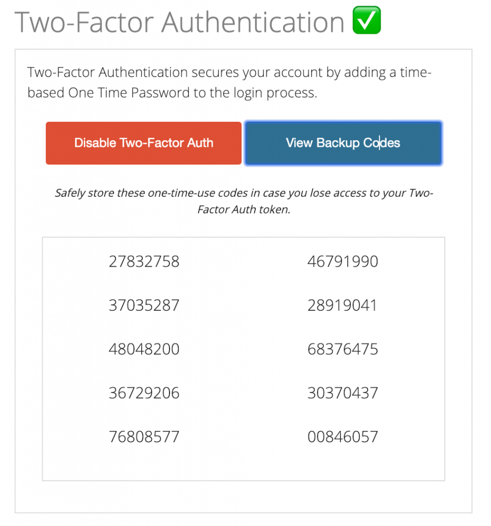 Tossable Digits Two-Factor Auth Backup Codes