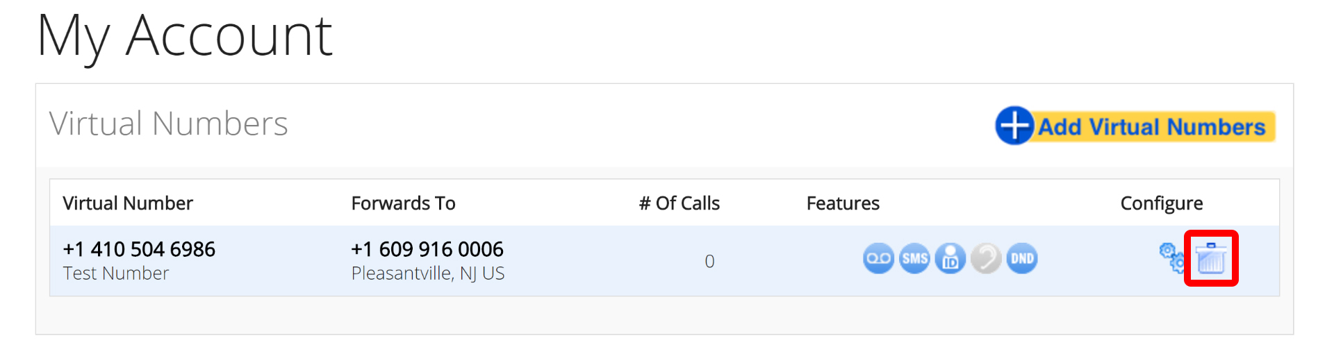 Click on the Trash Can icon across from your Virtual Number to Disconnect.